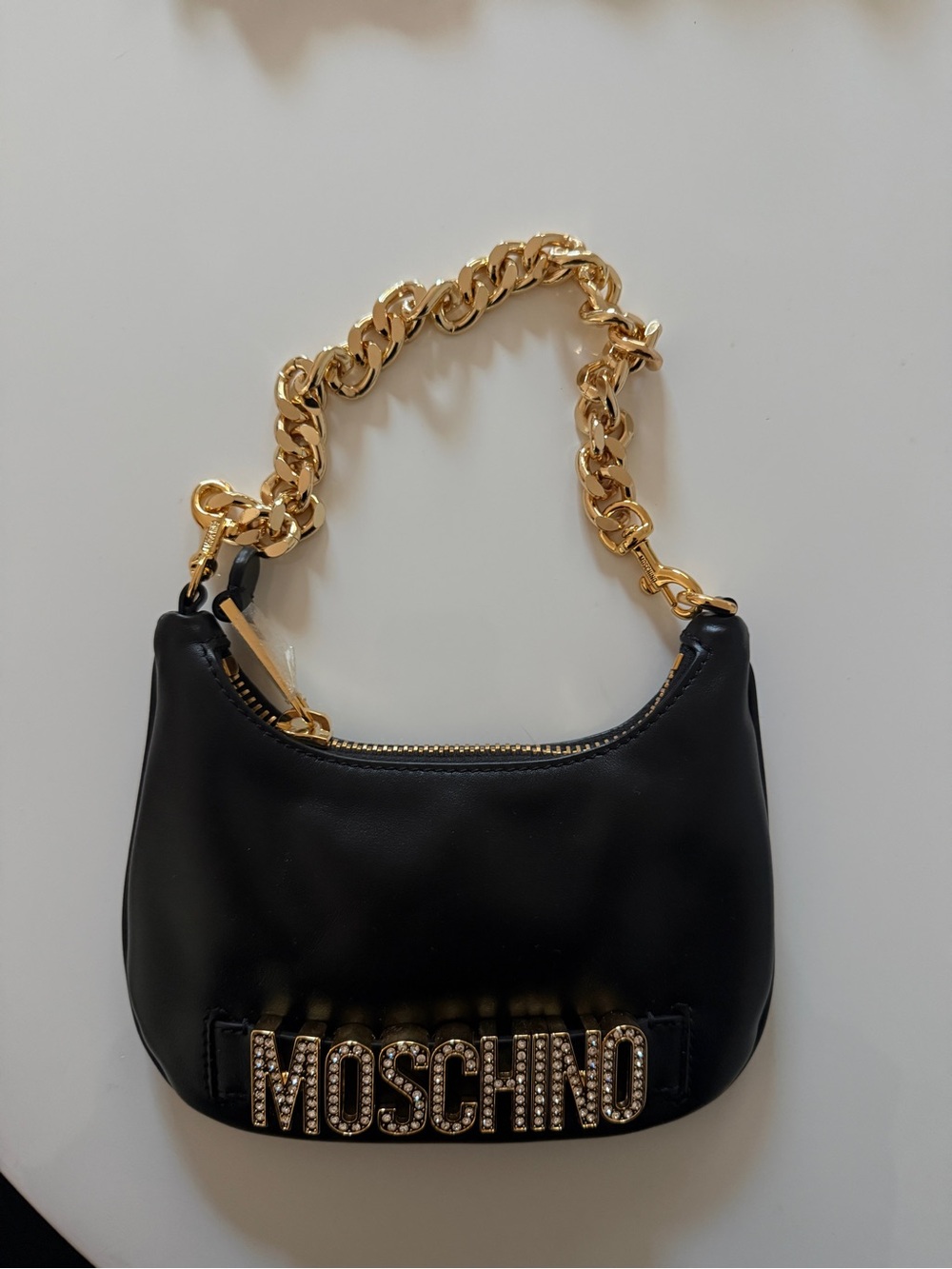 Moschino Black Mini Bag with Gold Chain and Logo
